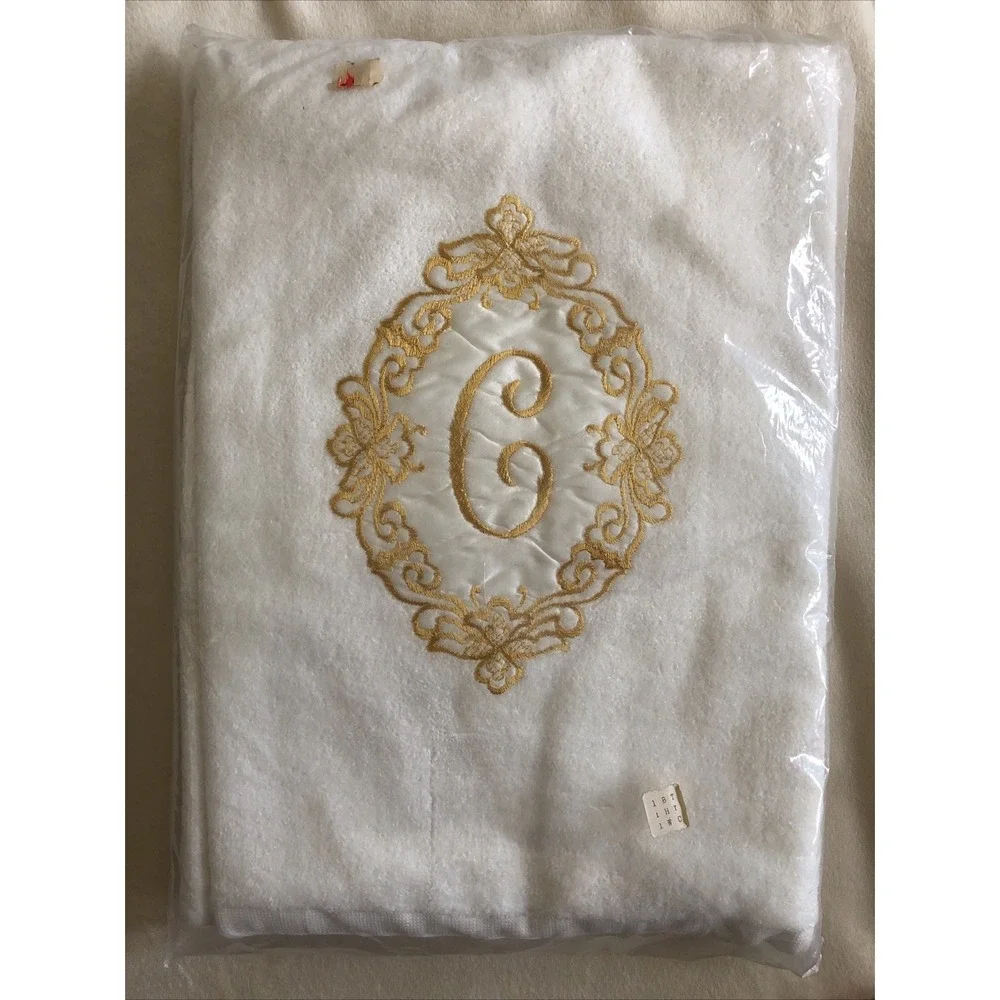 Vintage Towel Set 3 Piece White Embroidered Gold Monogrammed Letter C Cotton USA